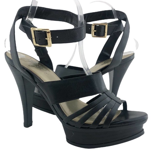 Fergie (9) M Women's Black Leather GAVIN Stripper Strappy Platform High Heels